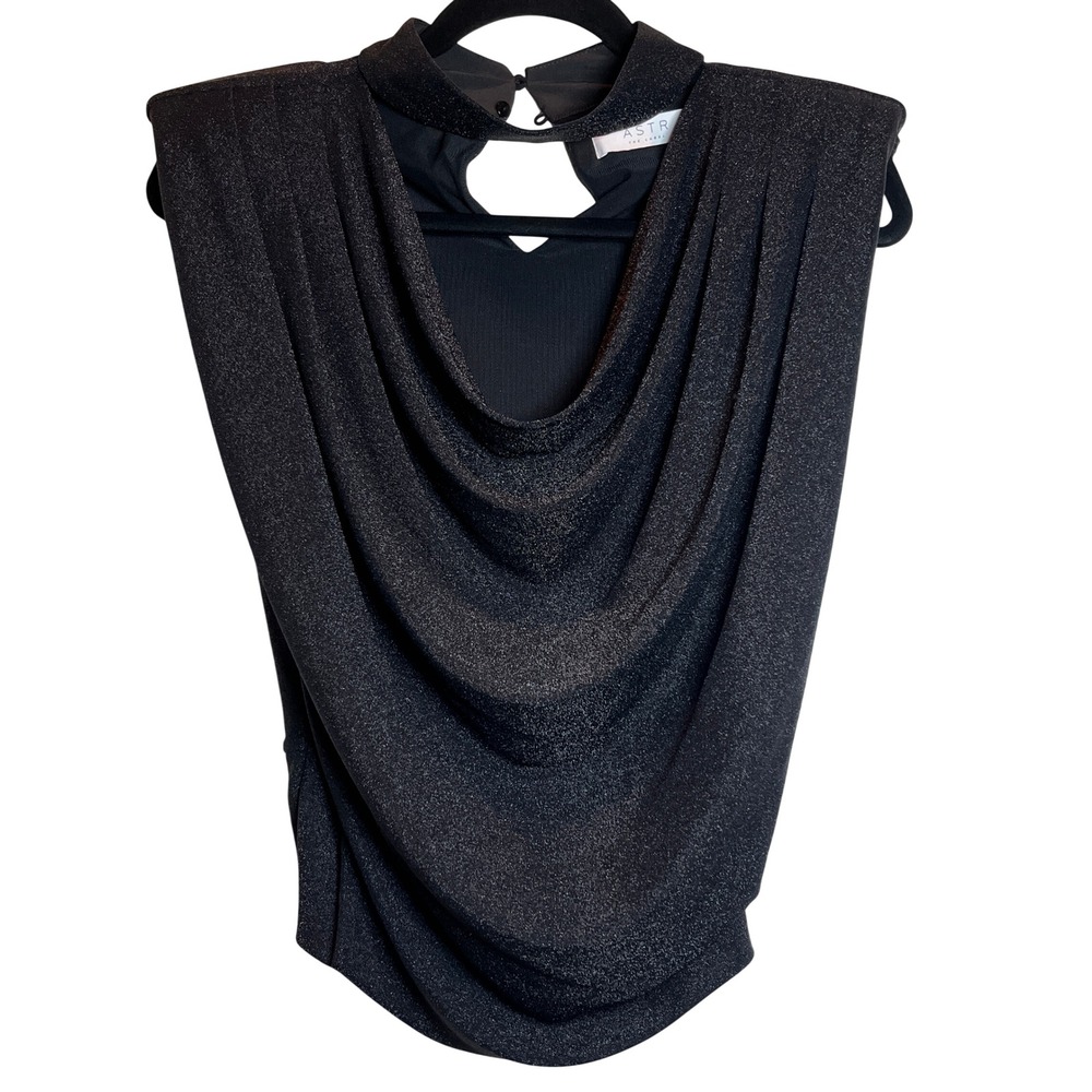 ASTR The Label Cowl Neck Top Womens Medium Black Metallic Shimmer Party Blouse - Picture 2 of 11